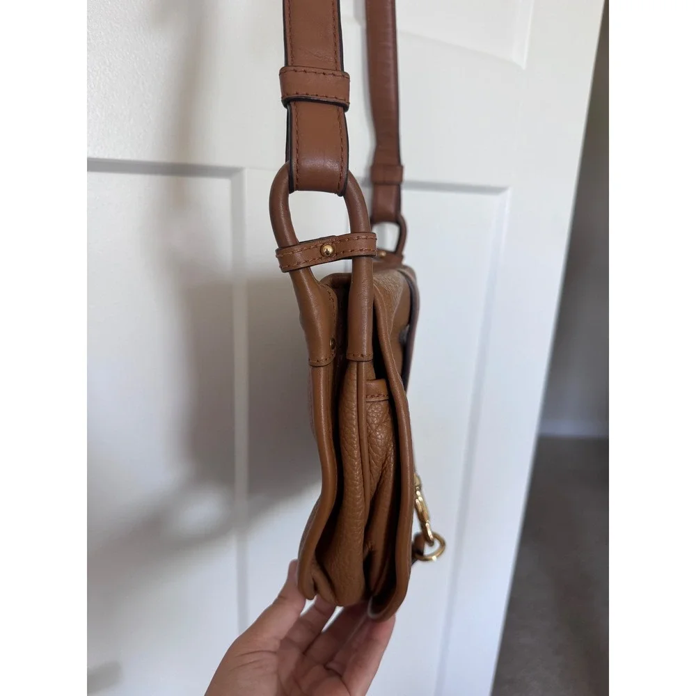 Michael Kors Brown Pebbled Leather Saddle Crossbody Bag Gold Clasp Acorn